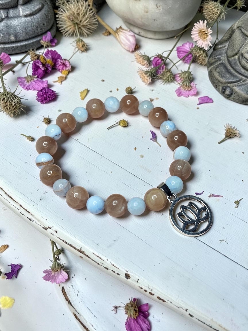 Beaded Lotus Charm Bracelet - Light Blue and Brown